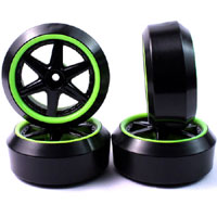 YeahRacing Drift Tire on 6-Spoke Black&Green 3 Offset & 3 Degree 4pcs (  )