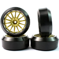 YeahRacing Drift Tire on 14-Spoke Gold&Chrome 3 Offset & 3 Degree 4pcs (  )