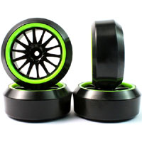 YeahRacing Drift Tire on 14-Spoke Black&Green 3 Offset & 3 Degree 4pcs (  )