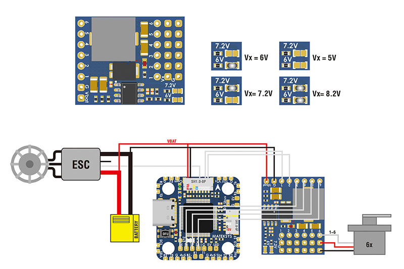 Плата распределения питания для сервомашинок Matek Servo PDB with BEC 5.5-36V to 5-8.2V (MATEK-SVPDB-8S) (нажмите для увеличения) Плата распределения питания для сервомашинок Matek Servo PDB with BEC 5.5-36V to 5-8.2V (MATEK-SVPDB-8S) (нажмите для увеличения)