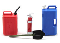 Water Jug, Plastic Fuel Can, Fire Extinguisher, Trench Shovel Accessory Assortment 7