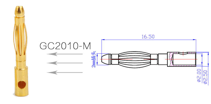 Разъем штыревой вилка Amass Banana Plug Gold Connector 2.0mm Male L16.5mm AM-1002A-M (AM-GC2010-M) (нажмите для увеличения)